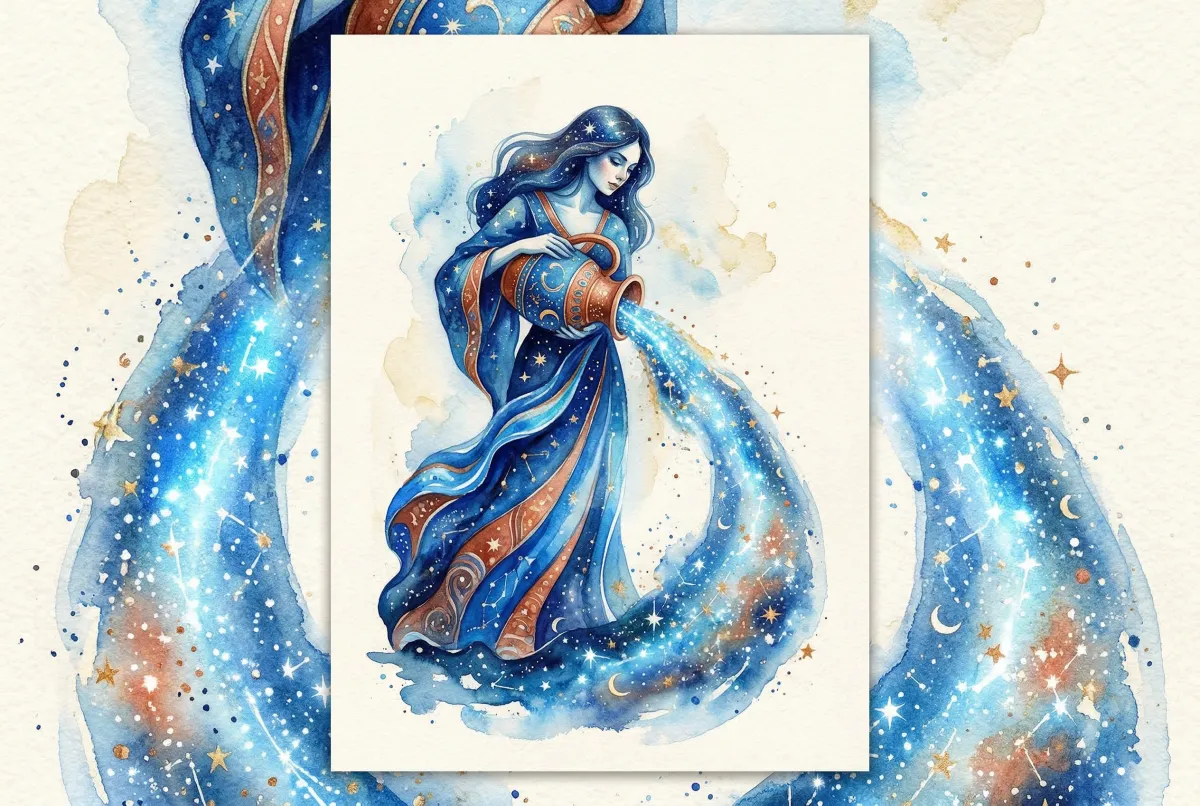 Bebé curioso mirando hacia el cielo rodeado de elementos que evocan originalidad e innovación, representando a Acuario