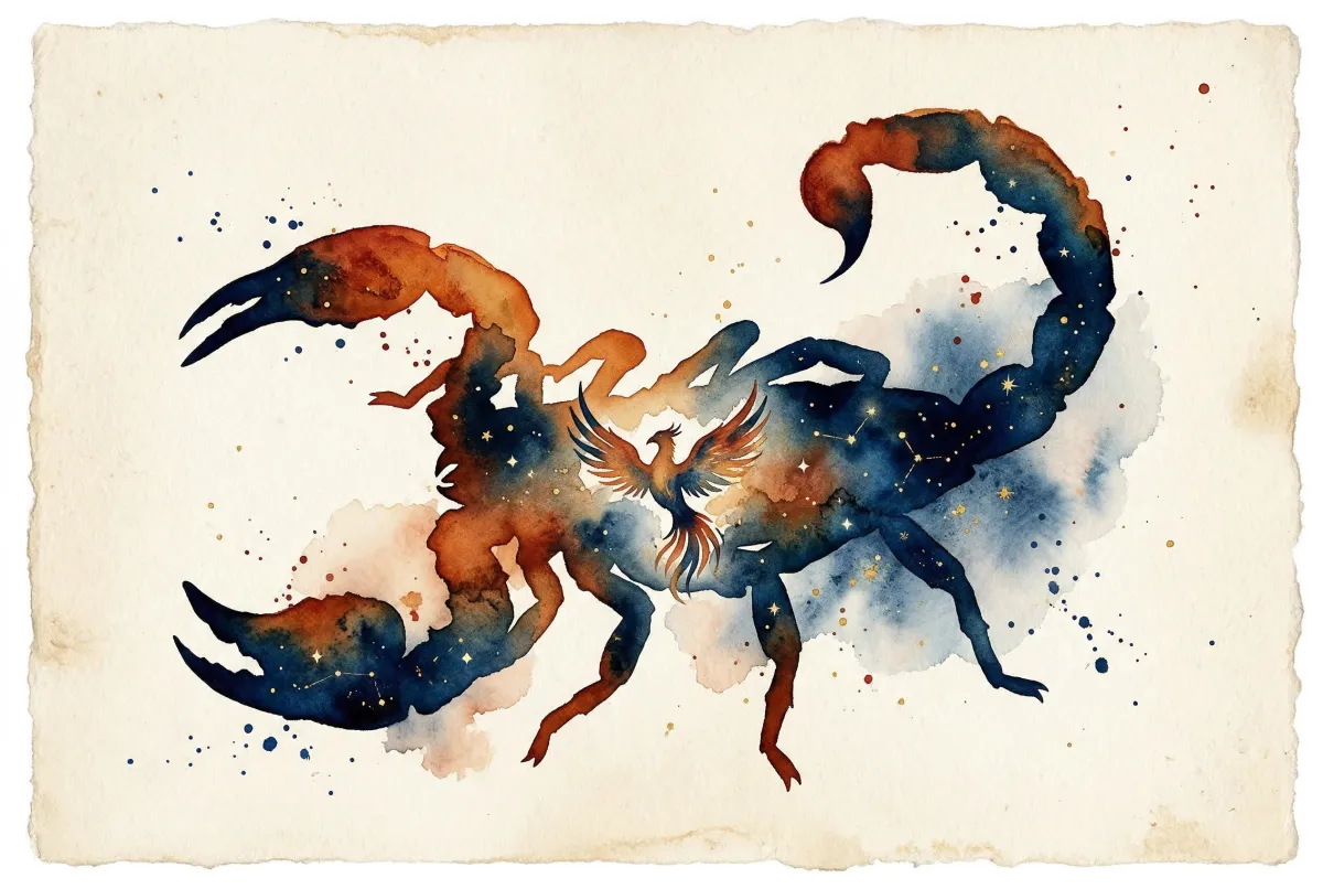 Bebé con mirada profunda rodeado de tonos intensos que evocan la energía transformadora de Escorpio