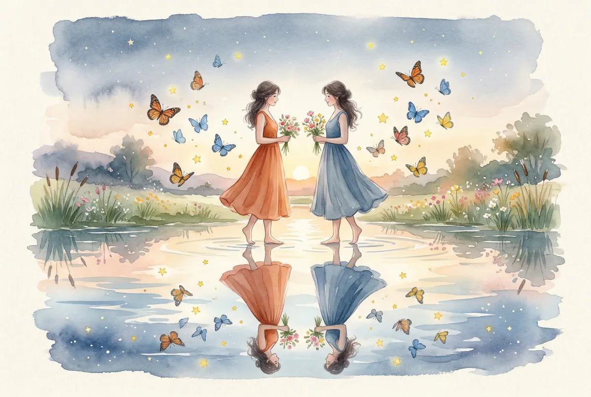 Bebé curioso y expresivo rodeado de colores y formas que representan la dualidad y vivacidad del signo Géminis