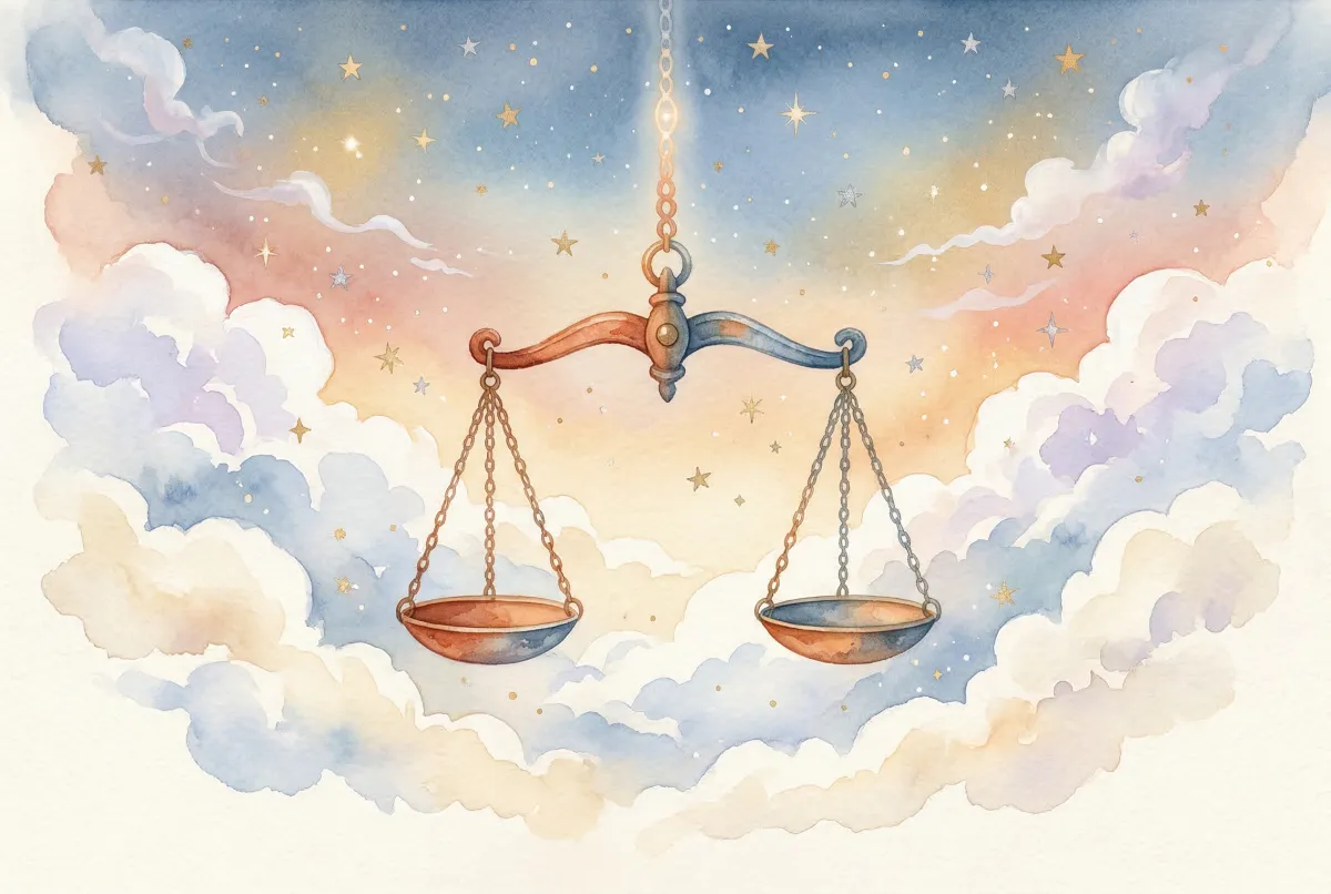 Bebé sereno rodeado de elementos armoniosos y colores suaves que representan la energía de Libra