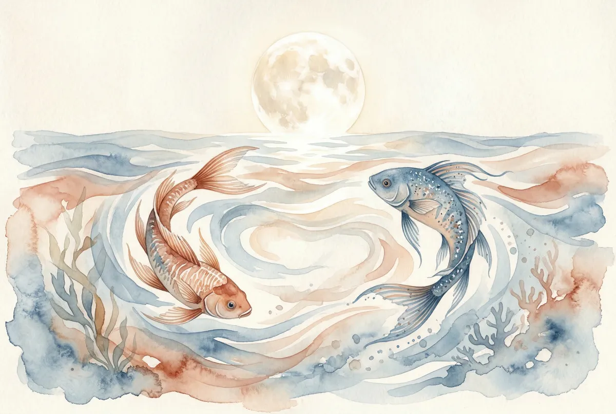 Bebé soñador rodeado de elementos acuáticos suaves y colores etéreos que representan la energía de Piscis