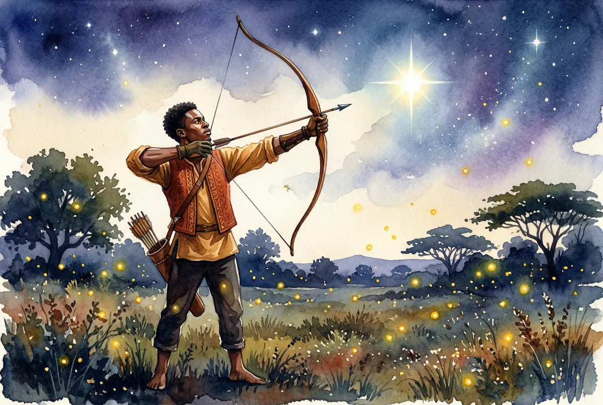 Bebé alegre rodeado de elementos que evocan aventura y exploración, representando la energía de Sagitario