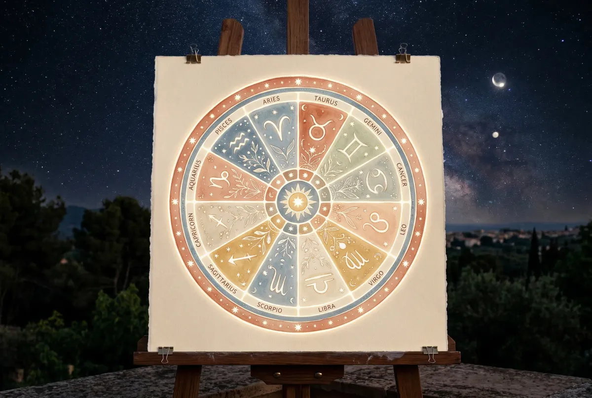 Diagrama circular suave de las doce casas astrológicas con iconos representando áreas de vida