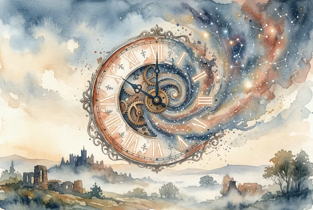 Reloj y cielo estrellado representando la importancia de la hora exacta de nacimiento para la carta natal