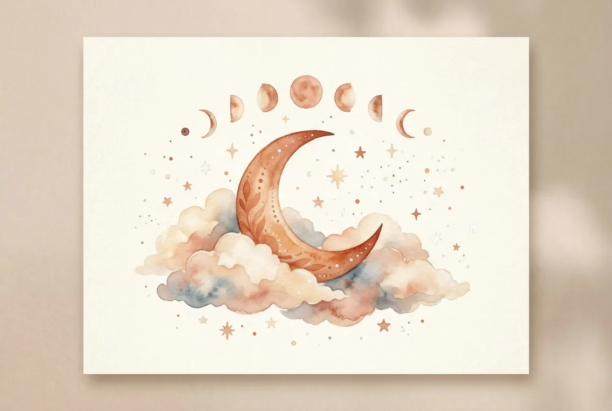 Luna creciente rodeada de estrellas simbolizando el mundo emocional de un bebé en su carta natal