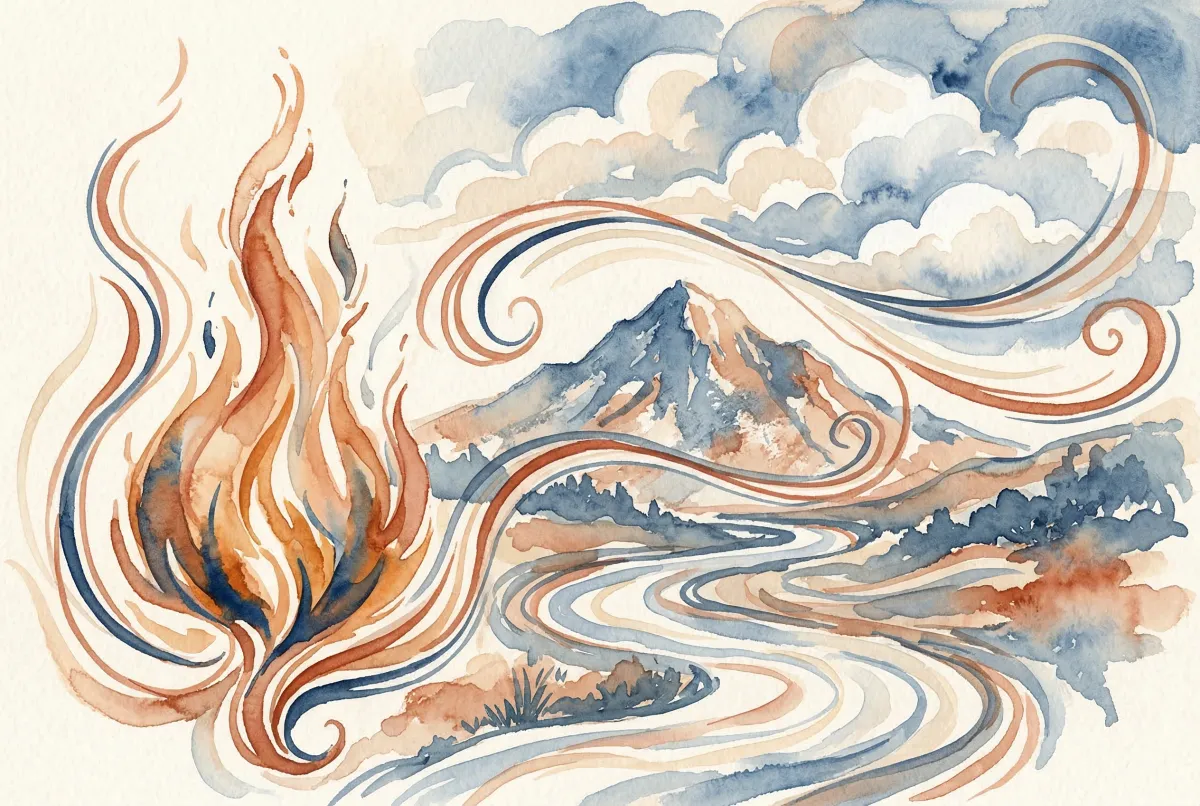 Ilustración de los cuatro elementos astrológicos representados con símbolos suaves y colores cálidos