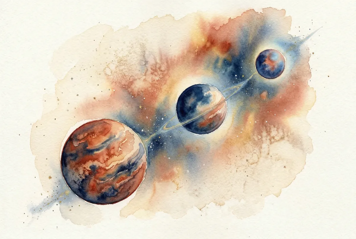 Tres planetas lejanos brillando en el espacio profundo, representando la influencia generacional de Urano, Neptuno y Plutón