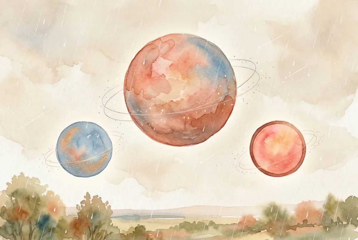 Ilustración artística de los planetas Mercurio, Venus y Marte con tonos suaves y estrellas