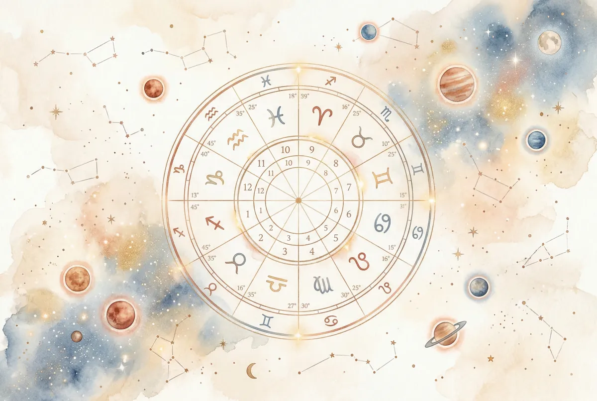 Carta astral con constelaciones y planetas representando el cielo en el momento del nacimiento de un bebé