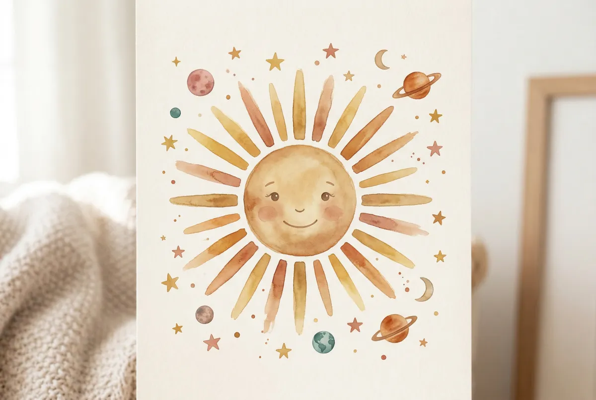 Sol brillante rodeado de los cuatro elementos astrológicos representando la esencia del signo solar de un bebé