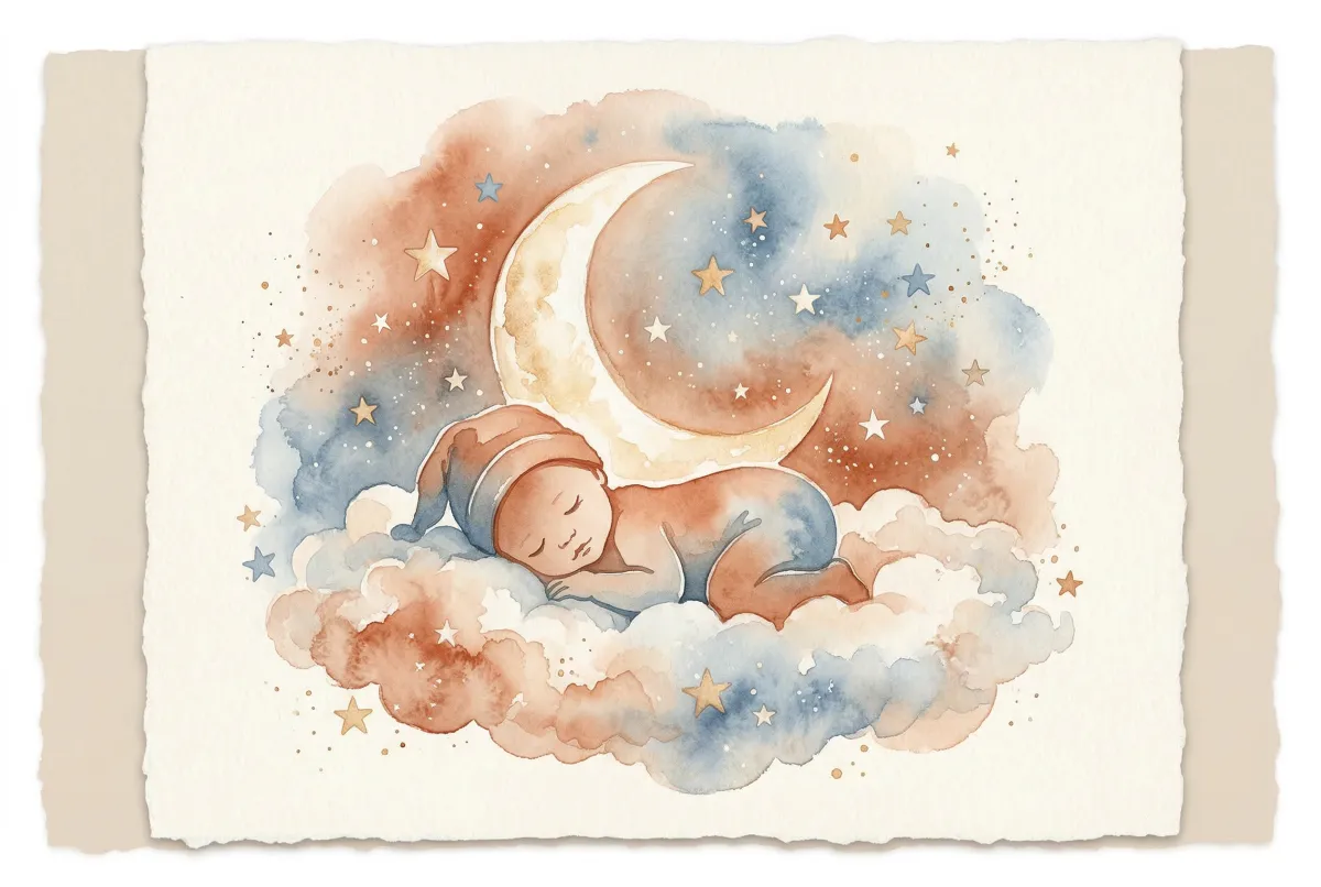 Bebé durmiendo plácidamente envuelto en una manta bajo una luna suave y estrellas
